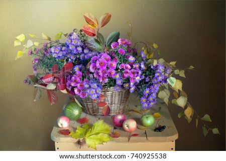 Autumn still life with flowers and foliage