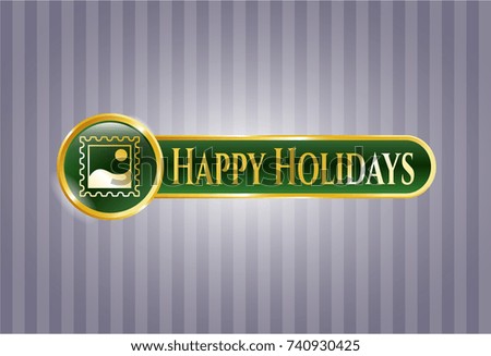  Gold emblem or badge with picture icon and Happy Holidays text inside
