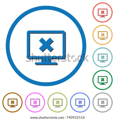 Cancel display settings flat color vector icons with shadows in round outlines on white background