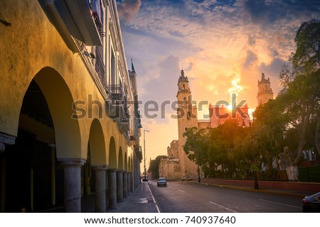 Merida San Idefonso cathedral sunrise in Yucatan Mexico Royalty-Free Stock Photo #740937640