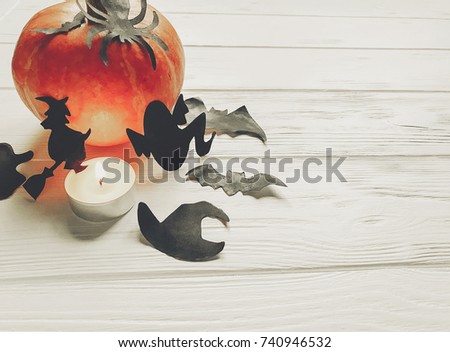 halloween. happy halloween concept. pumpkin with witch ghost bats and spider black decorations on white wooden background. cutouts for autumn celebration. seasonal greetings. space text