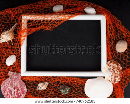 white frame on black with barnacles mesh, blank, concept postcard sea