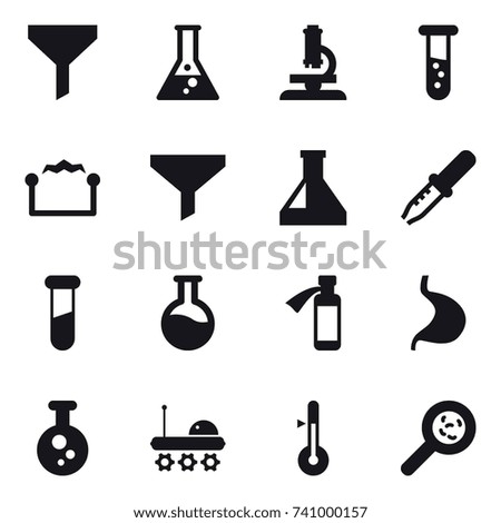 16 vector icon set : funnel, flask, microscope, vial, electrostatic, thermometer, viruses