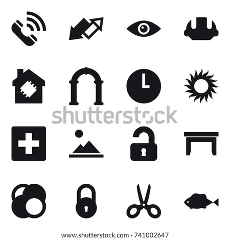16 vector icon set : call, up down arrow, building helmet, smart house, arch, sun, first aid, landscape, unlocked, table, scissors