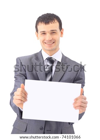 Young businessman showing signboard, isolated on white background