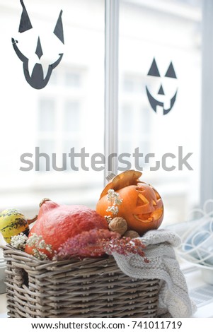 basket with pumpkins on the window