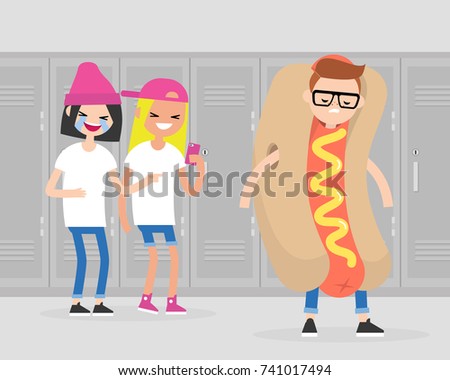Two teenage girls joking over a boy wearing a hot dog costume. Mockery. Bulling at school. Flat editable vector cartoon illustration, clip art. 