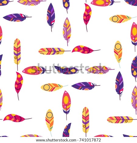 Feathers Boho Seamless Pattern. Tribal Ethnic Background Texture. Clothing Design, Wallpaper, Wrapping. Indian Ornament. Vector illustration