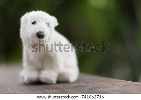 Cute Polar Bear (White) Doll on Wooden Table. Copy Space for Text. 
