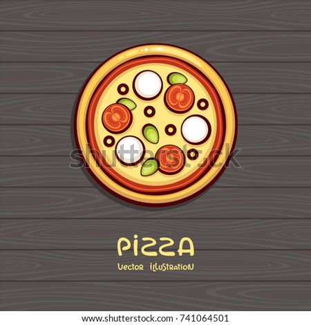 Pizza top view vector illustration. Italian food. Pizza with tomato and mozzarella on wood background. Design for menu, logo and pack.