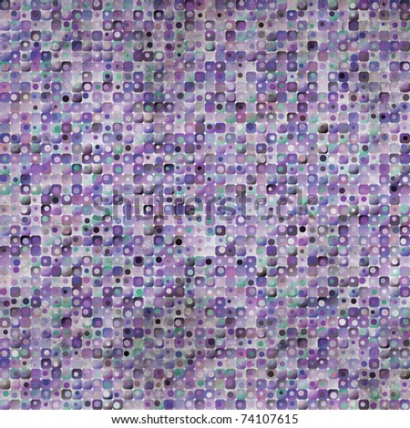 An abstract grungy image of squares with nested circles in purple tones that resembles pixels