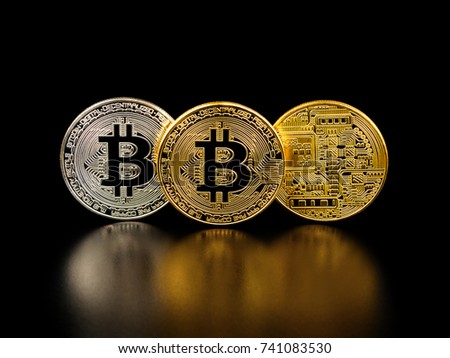 Golden and silver bitcoin on black background. Bitcoin cryptocurrency