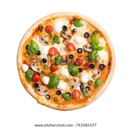 Italian pizza with mozzarella , tomato , olives and mushrooms isolated on white background . Top view . With clipping path included