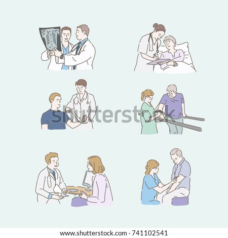 hospital people doctors and nurses help patient. hand drawn realistic illustrations. vector doodle design 