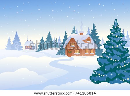 Vector cartoon drawing of a beautiful Christmas landscape, winter day village with snow covered small houses
