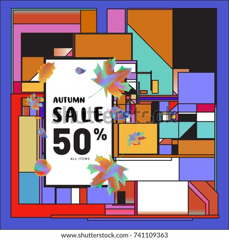 Autumn sale memphis style web banner. Fashion and travel discount poster. Vector holiday Abstract colorful illustration with special offer and promotion.