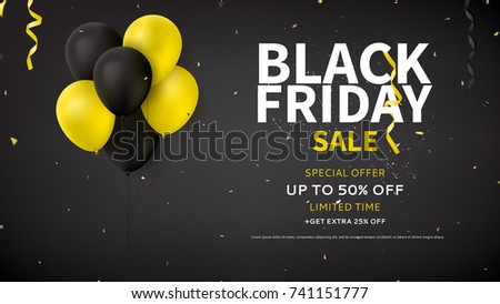 Web Banner Design for Black Friday Sale. Dark Background with Yellow and Black Balloons for Seasonal Discount Offer. Promo Vector Illustration with Confetti and Serpentine.