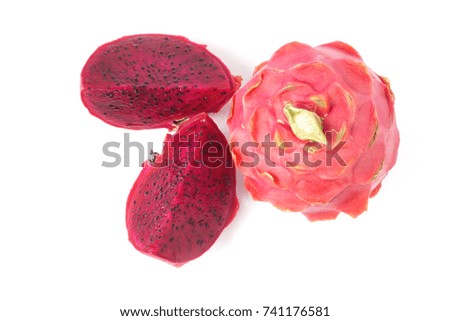 Top view Pitaya Red or Dragon fruit full and slice fruits isolated on white background