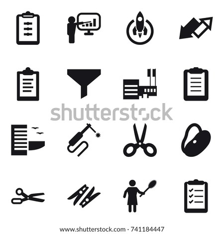 16 vector icon set : clipboard, presentation, rocket, up down arrow, funnel, mall, hotel, scissors, clothespin, woman with pipidaster, clipboard list