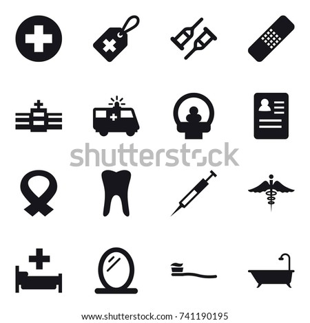 16 vector icon set : hospital, mirror, tooth brush, bath