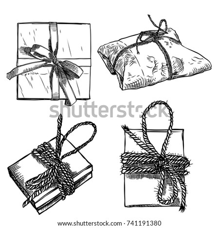 Set of sketch gift Boxes with bow. Hand drawn illustration of magic boxes. Boxing day, New year,  Christmas idea. Design of Valentine or anniversary day online store, shopping concept. Vector.