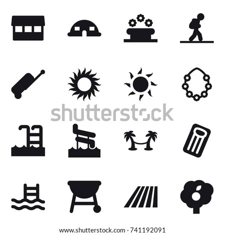 16 vector icon set : market, dome house, flower bed, tourist, suitcase, sun, hawaiian wreath, pool, aquapark, palm hammock, inflatable mattress, field, garden