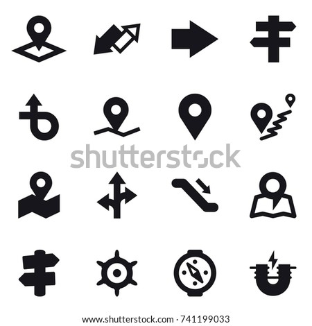 16 vector icon set : pointer, up down arrow, right arrow, singlepost, escalator, map, signpost, handwheel, compass