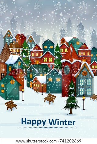 Residential house on Happy Winter celebration greeting background for Merry Christmas in vector