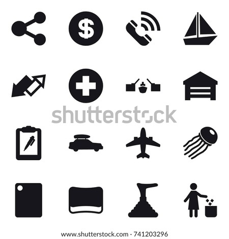 16 vector icon set : share, dollar, call, boat, up down arrow, drawbridge, garage, car baggage, airplane, jellyfish, cutting board, sponge, plunger, garbage bin