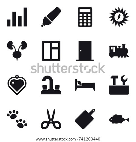16 vector icon set : graph, marker, calculator, sun power, window, door, train, heart pendant, water tap, bed, repair tools, pets, scissors, cutting board