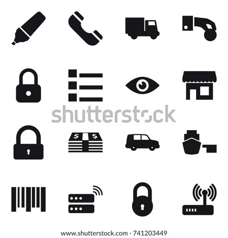 16 vector icon set : marker, phone, truck, hand coin, lock, list, shop