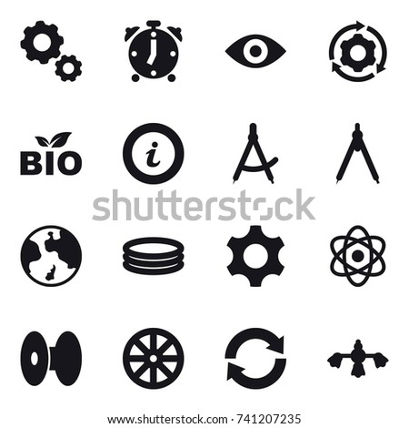 16 vector icon set : gear, alarm clock, eye, around gear, bio, info, draw compass, drawing compass, earth, inflatable pool, wheel, reload, hard reach place cleaning