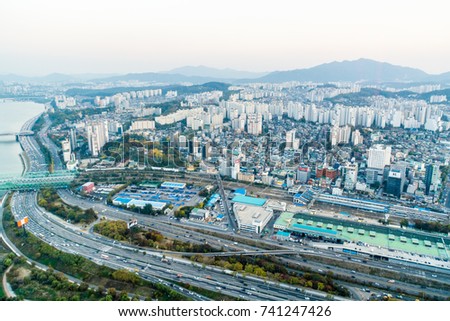 SEOUL, SOUTH KOREA, November 3th 2016: Aerial view of Seoul, houses and river view