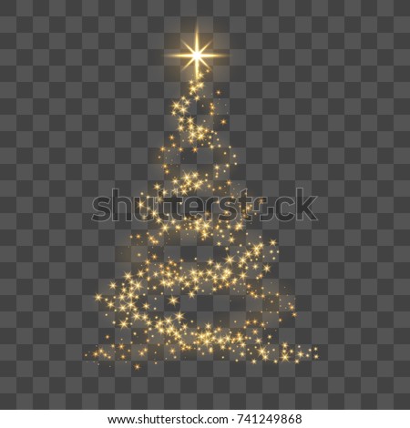 Christmas tree on transparent background. Gold Christmas tree as symbol of Happy New Year, Merry Christmas holiday celebration. Golden light decoration. Bright shiny design Vector illustration Royalty-Free Stock Photo #741249868