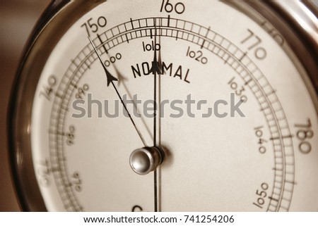 Classic barometer detail. Air pressure measure instrument. Weather information. Horizontal Royalty-Free Stock Photo #741254206