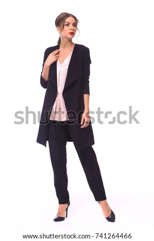 fashion business woman in casual black pant suit pink blouse stiletto high heel shoes full body photo isolated on white back view