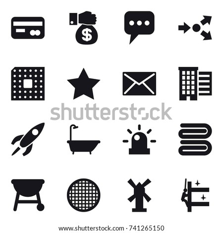 16 vector icon set : card, money gift, message, core splitting, cpu, star, mail, houses, bath, towel, windmill, skyscrapers cleaning