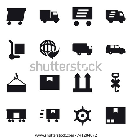 16 vector icon set : delivery, truck, cargo stoller, handwheel, package