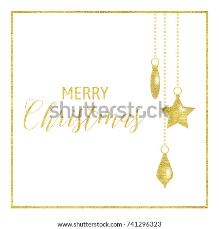 Vector illustration of merry christmas card. Christmas tree balls with gold texture. Isolated on white background.