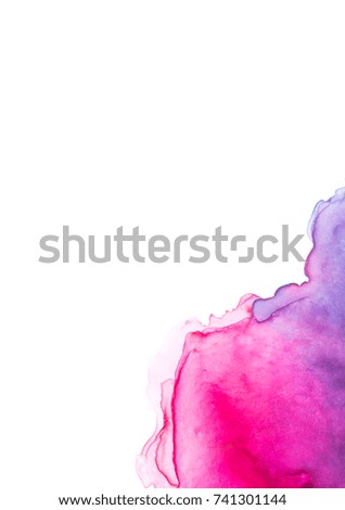 Abstract rainbow watercolor on white background. colored illustration of purple, magenta, pink, blue, aqua, turquoise,royal lilac, ultra violet, arcadia,spring crocus,  for card, text, logo,tag,banner