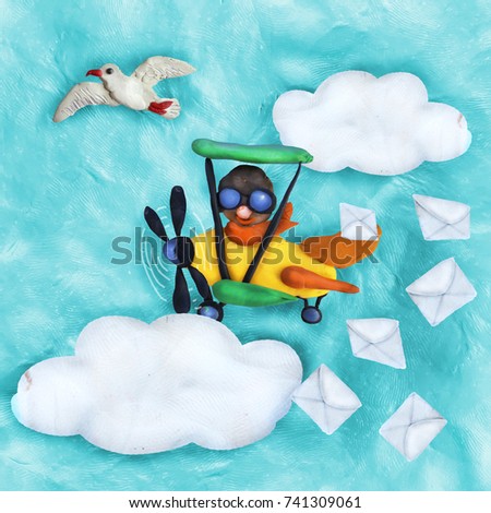 plasticine 3D banner with retro plane and seagull