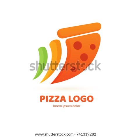 Logo design abstract italian food vector template. Illustration design of logotype pizza symbol. Vector pizza slice with cheese, salami, mushrooms, tomato and pepperoni.