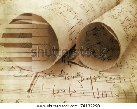 Music background in grunge style with piano keys. Old art documents concept.