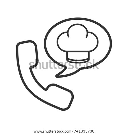 Food phone order linear icon. Thin line illustration. Handset with chef's hat inside speech bubble. Contour symbol. Raster isolated outline drawing
