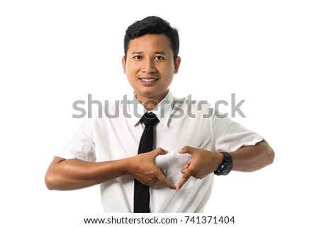 Portrait of a businessman making a heart with his hands. Isolated on white background