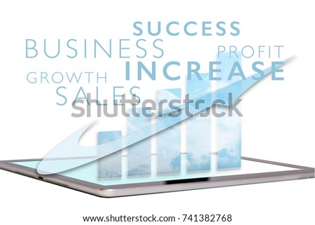 Business growth chart and word cloud with arrow on computer screen