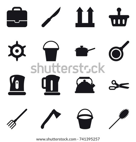 16 vector icon set : portfolio, handwheel, bucket, saute pan, pan, kettle, scissors, fork, axe, duster