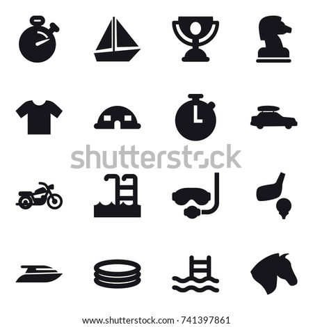 16 vector icon set : stopwatch, boat, trophy, chess horse, t-shirt, dome house, car baggage, motorcycle, pool, diving mask, golf, yacht, inflatable pool, horse