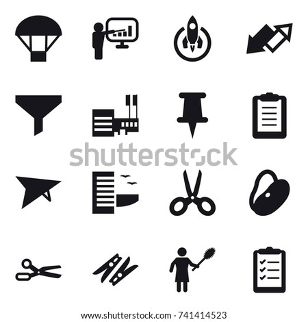 16 vector icon set : parachute, presentation, rocket, up down arrow, funnel, mall, deltaplane, hotel, scissors, clothespin, woman with pipidaster, clipboard list