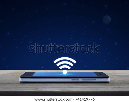 wi-fi button flat icon on modern smart phone screen on wooden table over fantasy night sky and moon, Technology and internet concept